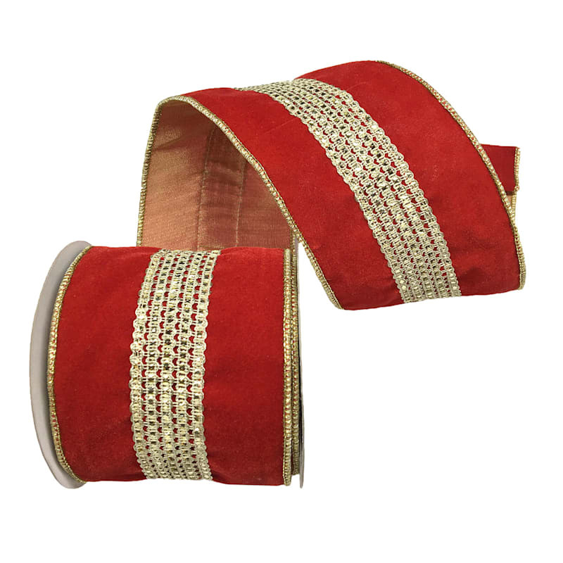 Classic Christmas 4" Red Velvet with Sequin Trim Ribbon, 5yd | At Home