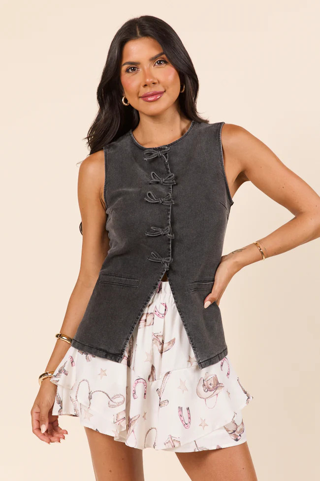 Western Ties Black Bow Denim Vest | Pink Lily
