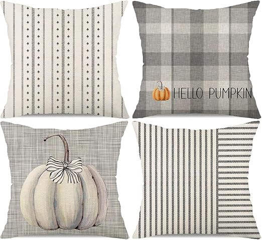 Grey Striped Farmhouse Fall Throw Pillow Covers 18x18 Inch Set of 4 Stripes Buffalo Plaid Pumpkin... | Amazon (US)