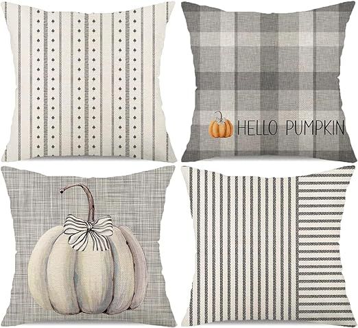 Grey Striped Farmhouse Fall Throw Pillow Covers 18x18 Inch Set of 4 Stripes Buffalo Plaid Pumpkin... | Amazon (US)