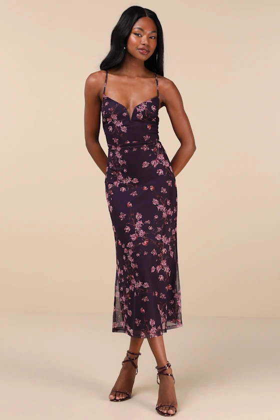 Total Crush Purple Floral Print Mesh Lace-Up Midi Dress | Lulus