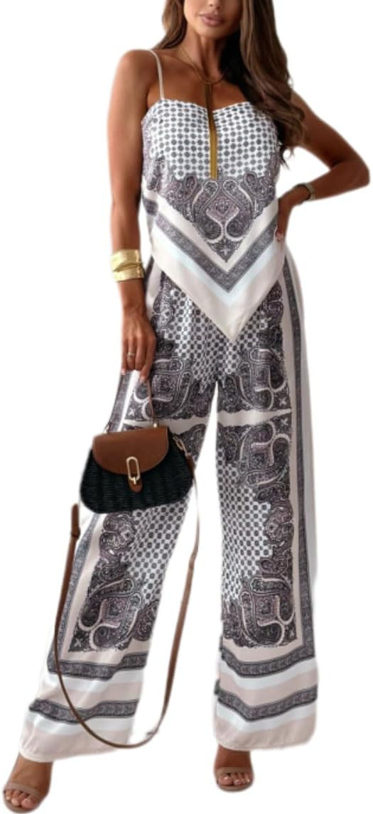 ksotutm Womens Paisley Print 2 Piece Outfits Sleeveless Cami Top Going Out Wide Leg Pants Boho Su... | Amazon (US)