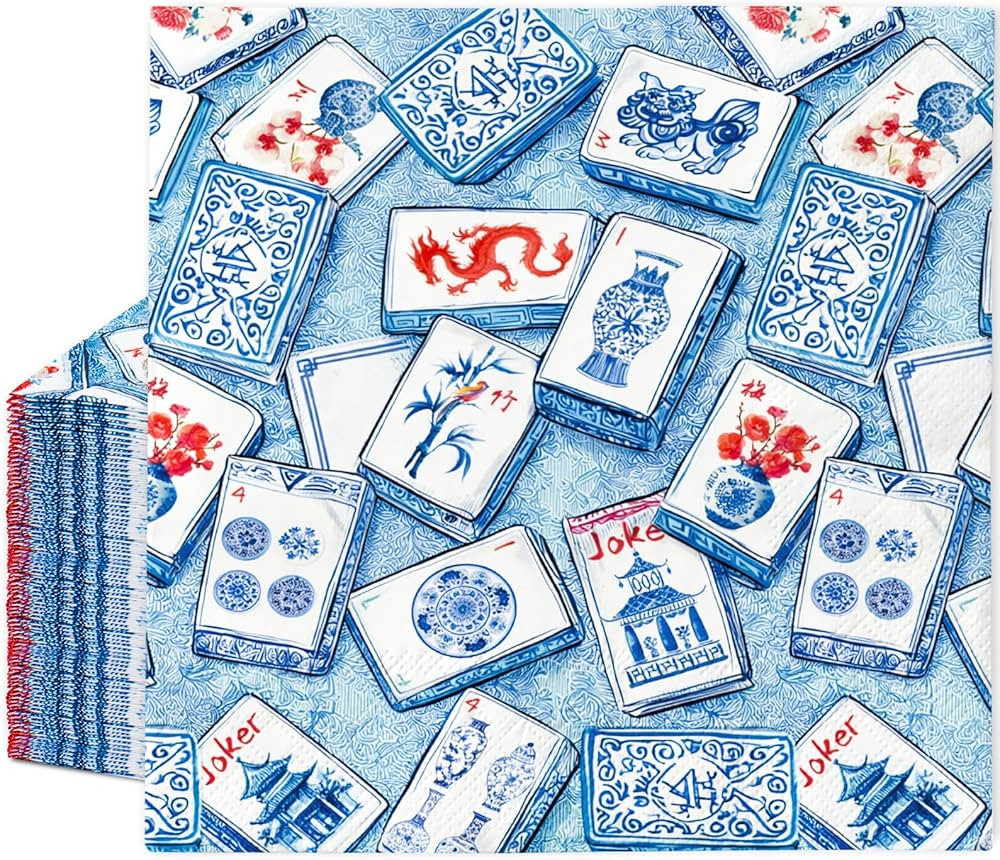 50Pcs Mahjong Cocktail Napkins Beverage Napkin Blue Chinoiserie Mahjong Tile Disposable Paper Nap... | Amazon (US)