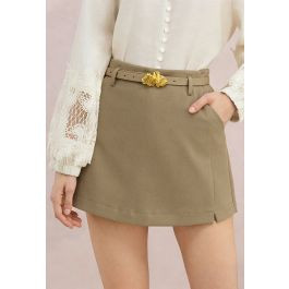 Golden Buckle Belt Side Pockets Mini Skorts in Khaki for Vacation & Chic Weekends | Chicwish