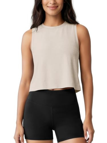ASLABCREW Women's Everyday Comfort Cropped Tank, Ultra Soft Performance Crop Top, High Crew Neck Sleeveless Shirts, Ecru Heather, Small | Amazon (US)