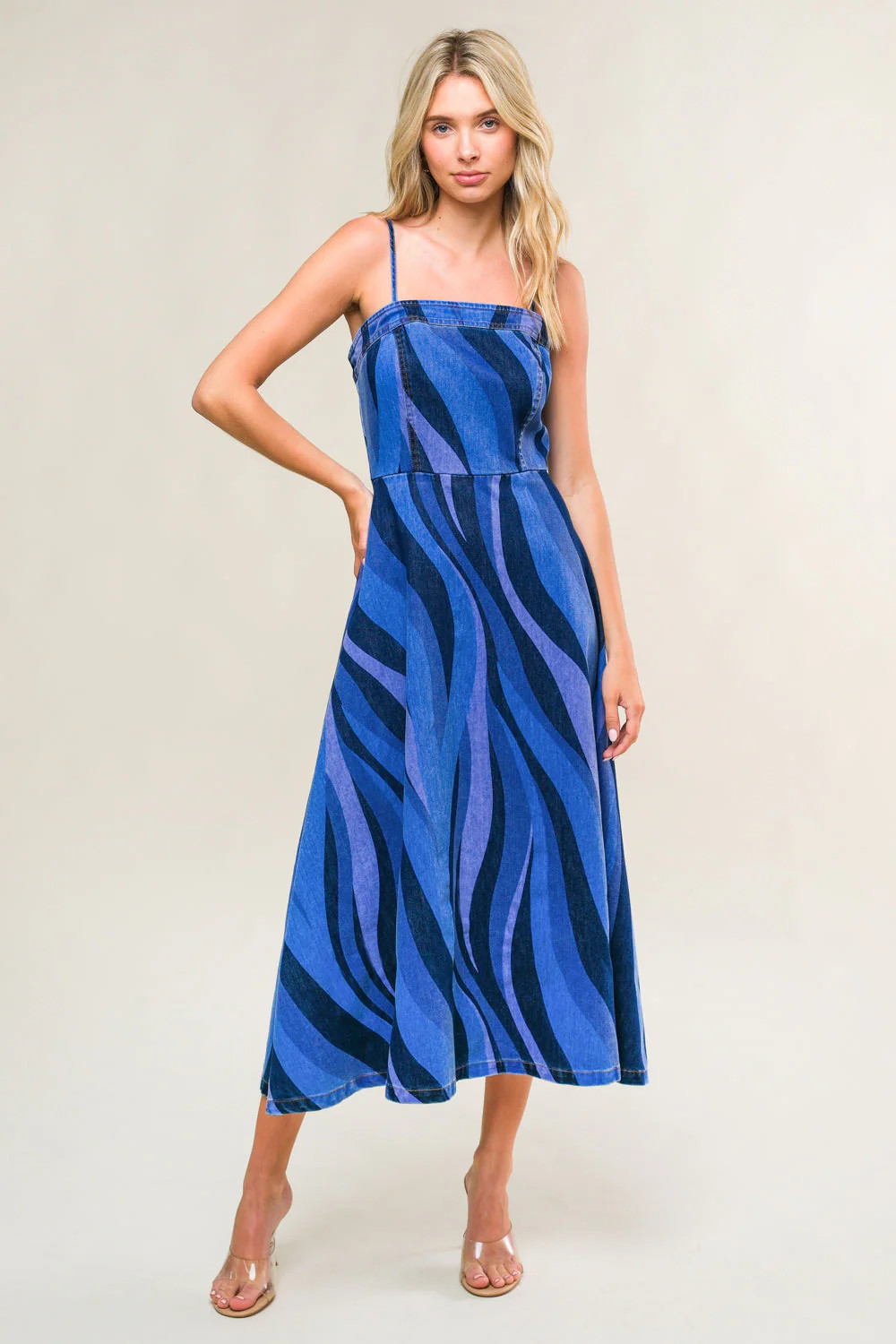 BLUE WAVES - PATTERNED DENIM MIDI DRESS | Lady Black Tie