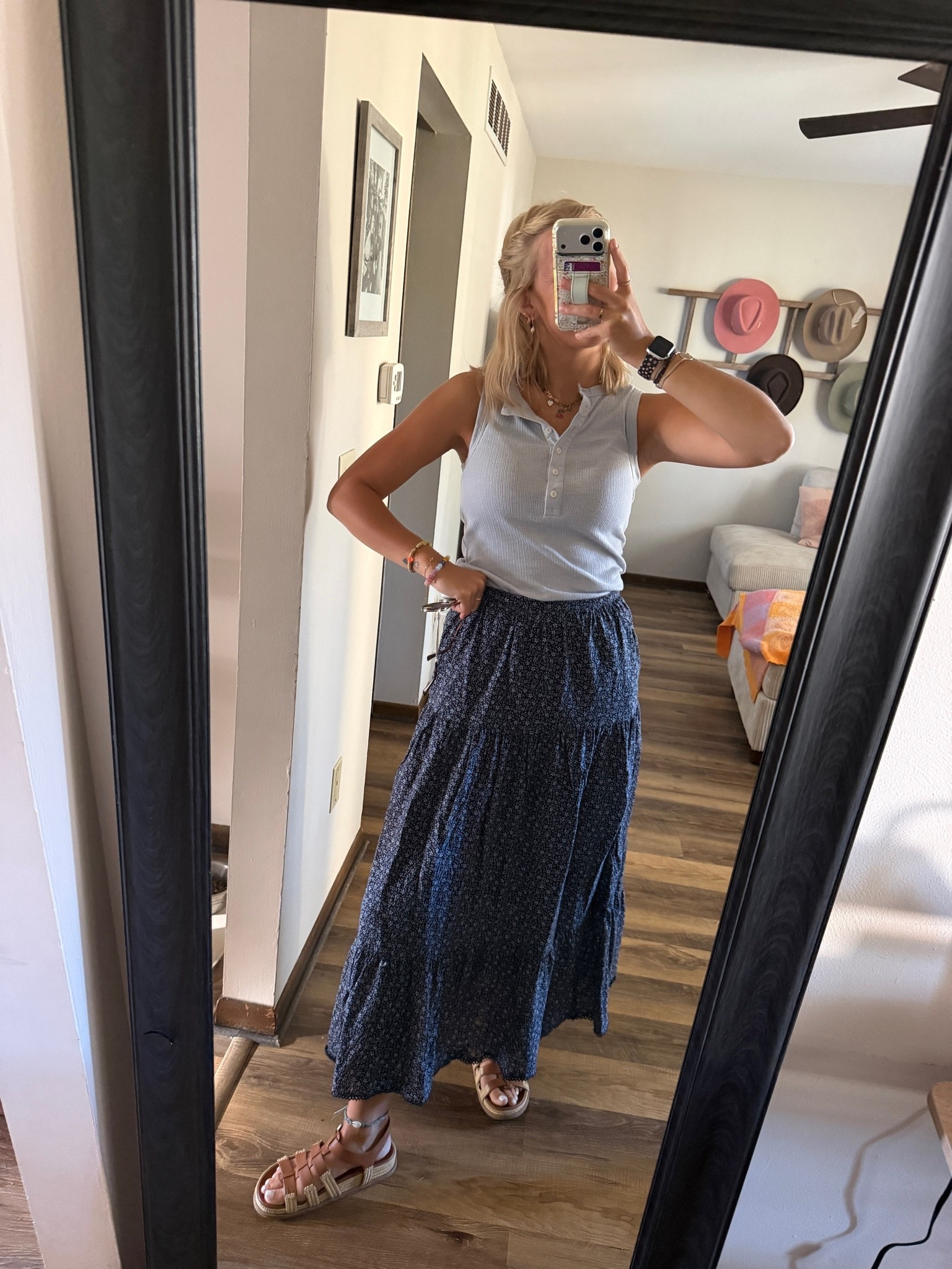 Today’s Office Fit of the Day — 06.25.26 🌤️🩵

small in light blue tank top from @Target  
small in blue floral skirt from @Target 
8 in brown sandals from @Target 

*linking up my favorite Nike spandex too.. always wear under dresses skirts :)

office outfits, outfit of the day, spring outfits, Target finds, Target fashion, Target deals, Target tank tops, button up tank tops, light blue tank top, Target shirts, long skirts, floral skirts, Target bottoms, summer skirts, outfits with skirts, Target finds, Target footwear, summer sandals