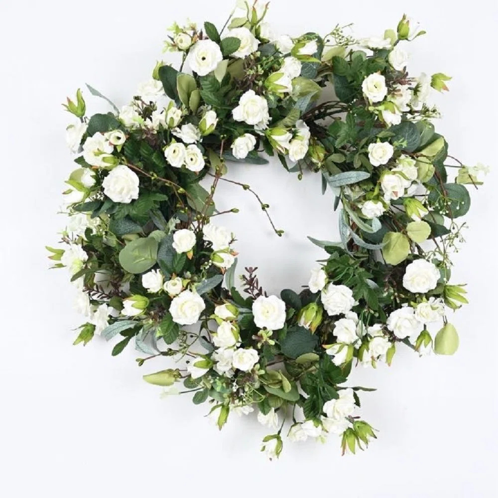 22" Artificial Farmhouse Spring Summer Blossoms Cluster Foliage Rose Floral Wreath For Front Door | Wayfair North America