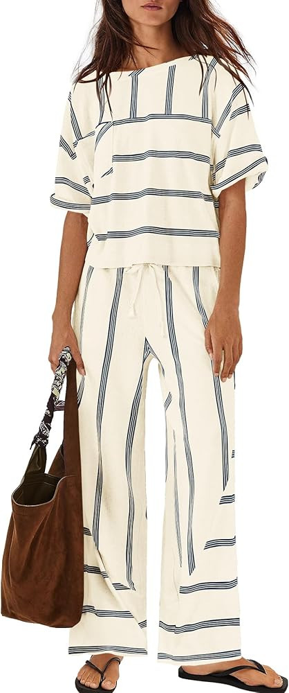Nirovien Womens Striped Lounge Set 2 Piece Vacation Sets Short Sleeve Tops and Wide Leg Pants Tra... | Amazon (US)