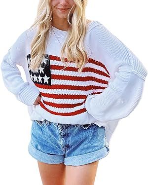 Women's American Flag Graphic Sweater Vintage Loose Hollow Out 4th of July Jumper Summer USA Flag... | Amazon (US)