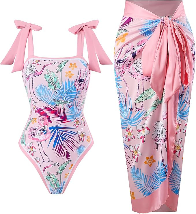 One Piece Bathing Suit for Women with Beach Cover up Wrap Skirt Swimsuit Sarong Retro Floral Prin... | Amazon (US)