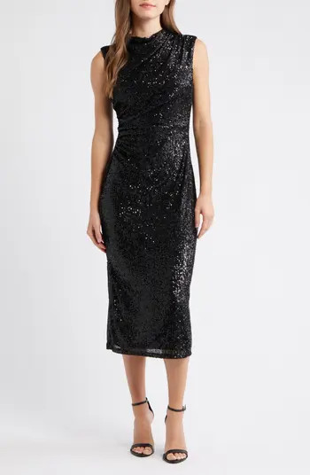 Draped Sleeveless Sequin Sheath Midi Dress | Nordstrom