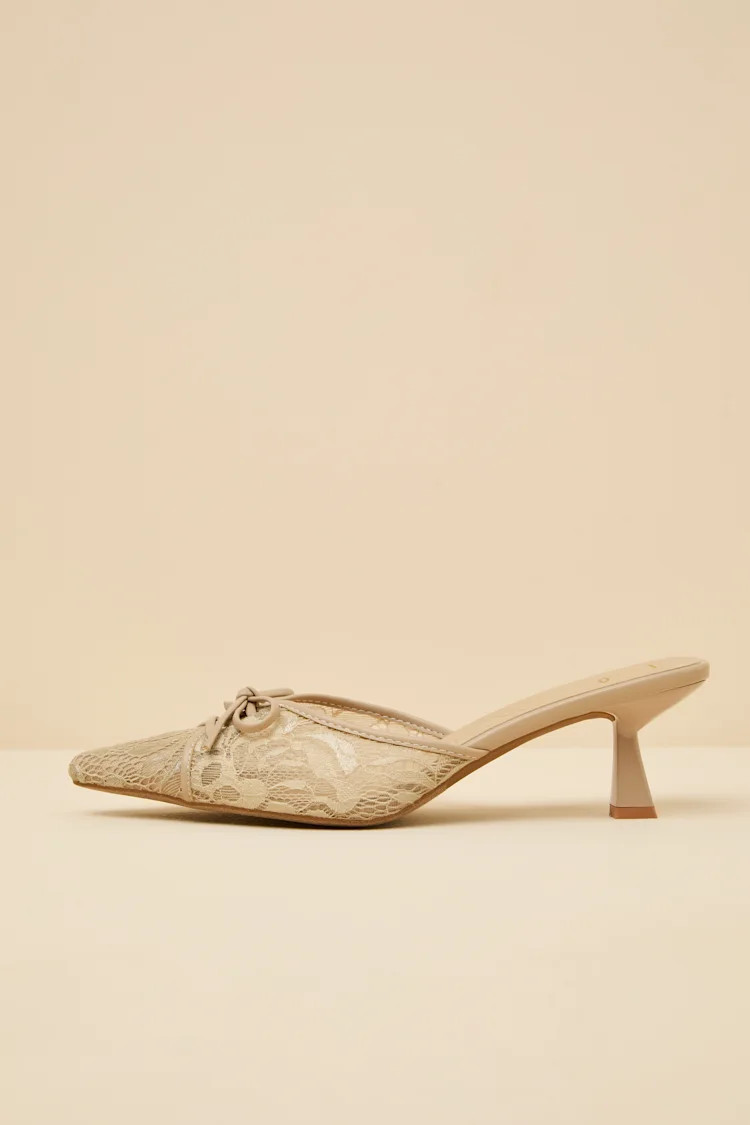 Lacey Light Nude Lace Bow Kitten Heel Mule Pumps | Lulus