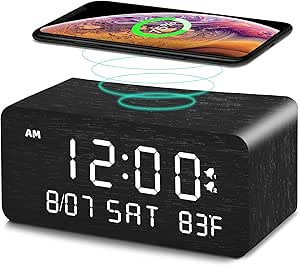 Andoolex Wooden Digital Alarm Clock with Wireless Charging, 0-100% Adjustable Brightness Dimmer a... | Amazon (US)