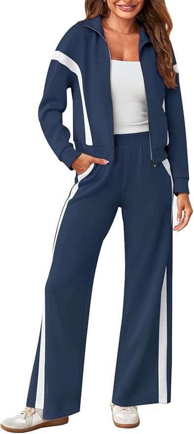 MEROKEETY Women's 2 Piece Outfits Color Block Sweatsuit Zip Up Sweatshirt Wide Leg Sweatpant Trac... | Amazon (US)