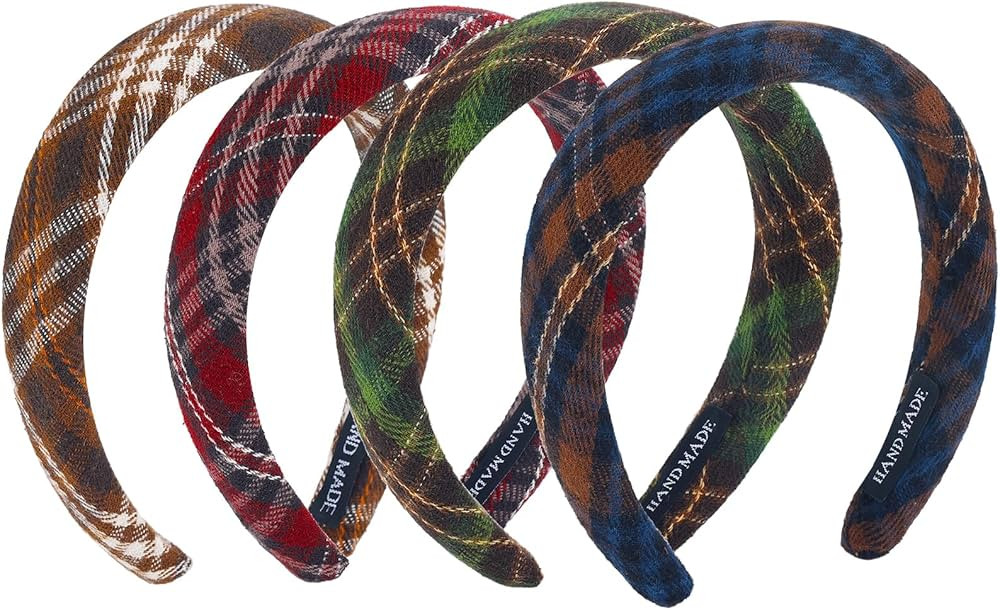4Pcs Padded Headbands for Women Girls Cute Thick Plaid Hairbands Adult Set Green Navy Blue Brown ... | Amazon (US)