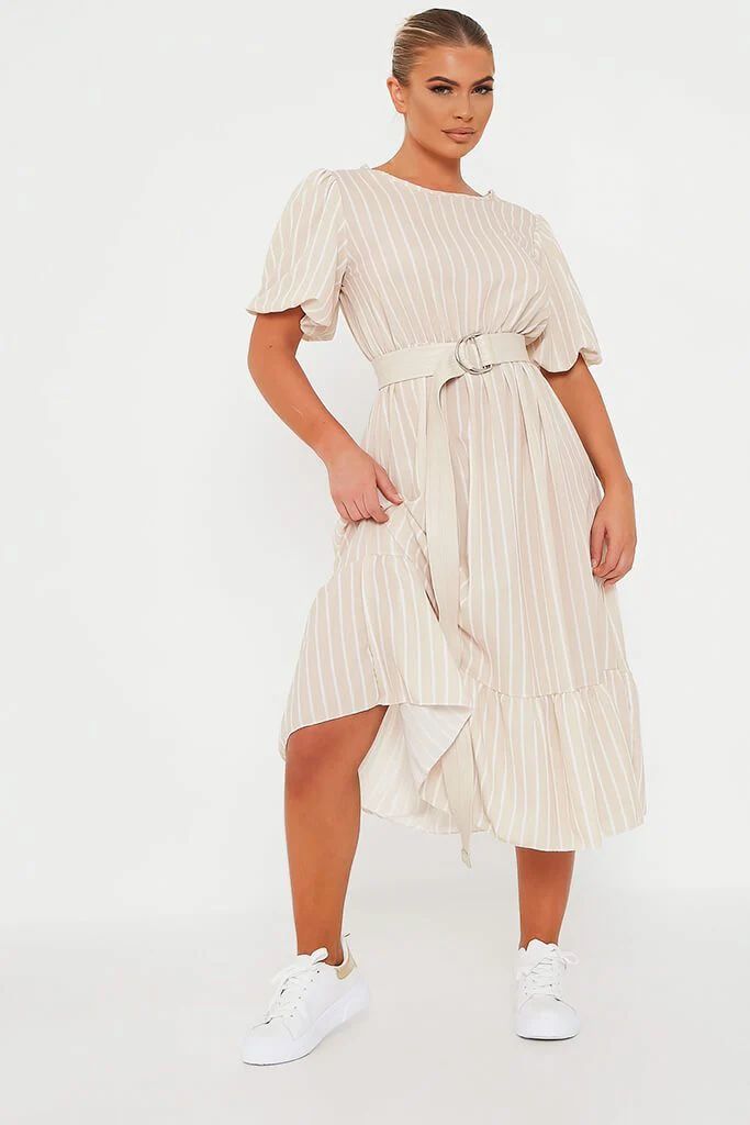 Stone Stripe Puff Ball Sleeve Frill Hem Smock Midi Dress | ISAWITFIRST