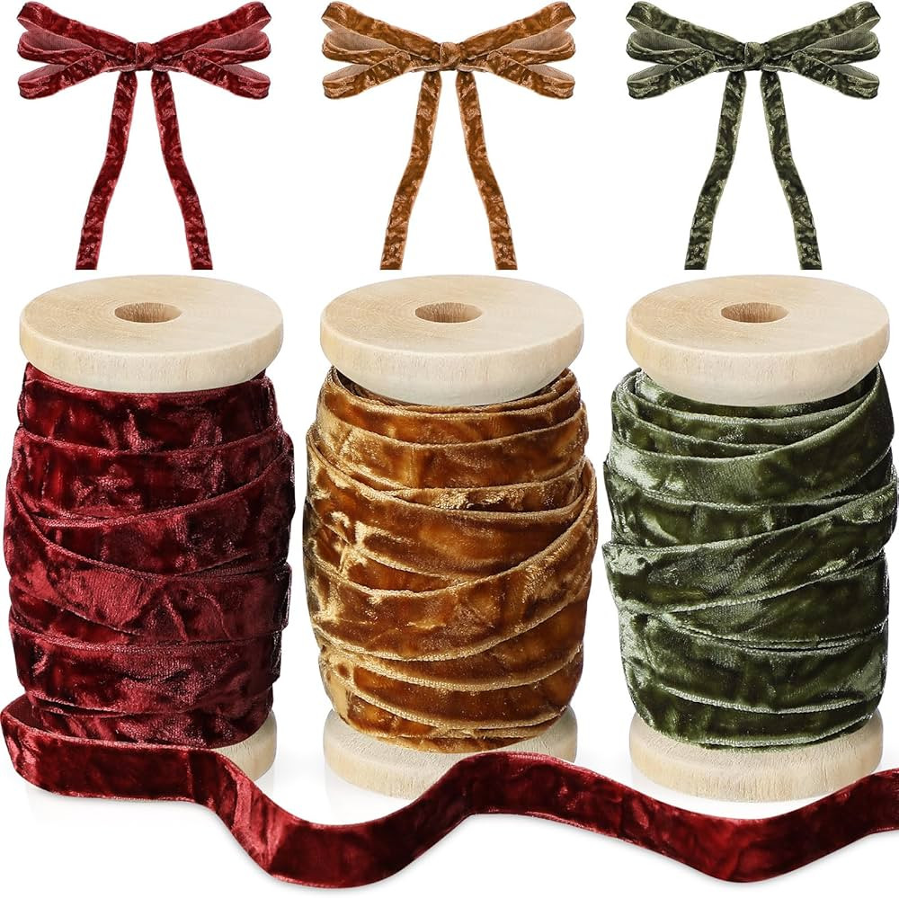 Chuangdi 3 Rolls Crushed Velvet Ribbon 3/8" x 15 Yards with Wooden Spool Luxury Vintage Velvet Ri... | Amazon (US)