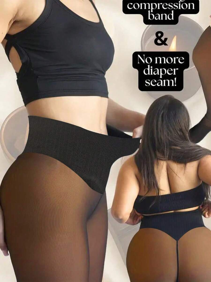 200g Women's High-Waisted Thermal Lined Shaping Tights With Elastic Waistband, Single Seam, Semi-... | SHEIN