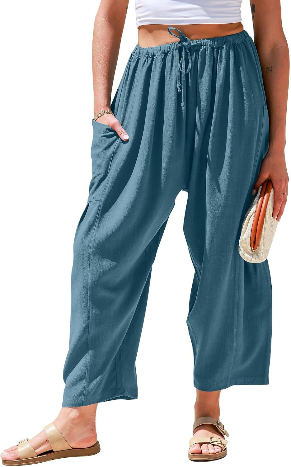 TARSE Womens Linen Wide Leg Pants Casual Palazzo Harem Pants with Pockets | Amazon (US)