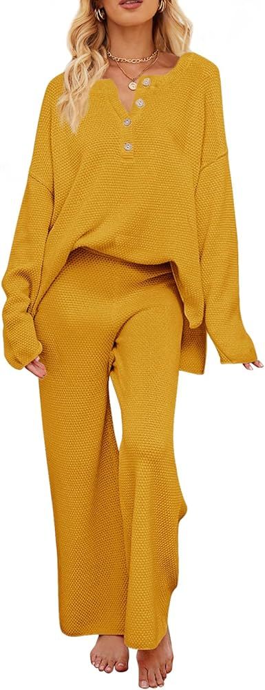 MEROKEETY Women's 2 Piece Outfit Sets Long Sleeve Button Knit Pullover Sweater and Pants Lounge S... | Amazon (US)