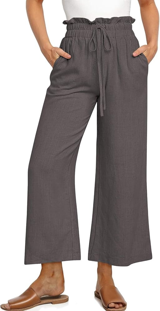 UEU Womens Linen Pants Summer Wide Leg Casual Loose High Waist Drawstring Palazzo Capri with Pock... | Amazon (US)