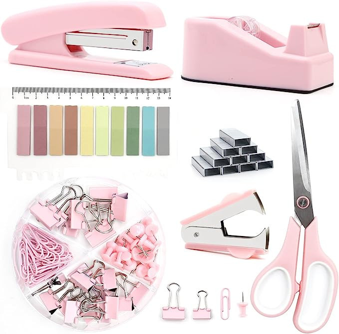 Pink Office Supplies, UPIHO Pink Desk Accessories, Stapler and Tape Dispenser Set for Women with ... | Amazon (US)