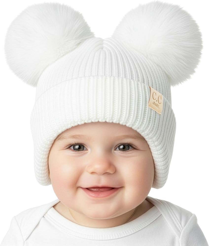 Funky Junque Double Pom Pom Baby Beanie – Newborn Girl Winter Hat 0–12 Months, Cute Cozy Knit... | Amazon (US)