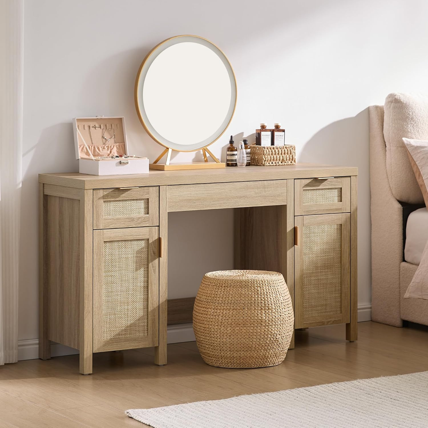 SICOTAS 52" Rattan Vanity Desk with 3 Drawers & 2 Cabinets, Vanity Table | Amazon (US)