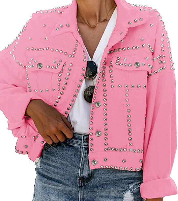 Omoone Women's Long Sleeve Rivet Studded Denim Jacket Casual Washed Pearl Short Jean Coat | Amazon (US)