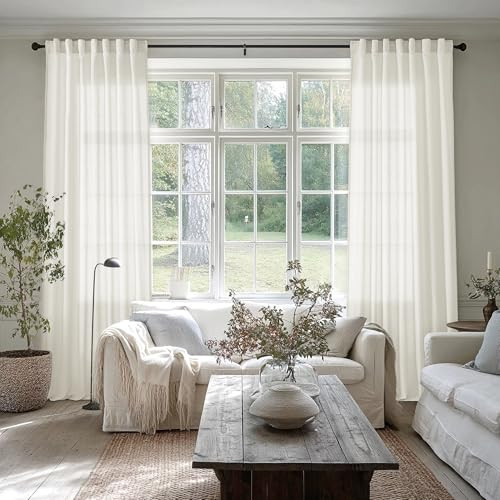 SHINELAND 92 Inch Linen Curtains for Living Room,Sheer Privacy Light Filtering Farmhouse Cottage Core Curtains for Living Room Bedroom,Cream Ivory | Amazon (US)