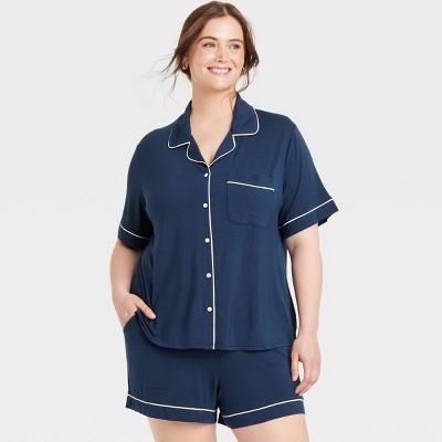 Women's Cloud Knit Modal Short Sleeve Notch Collar Top and Shorts Pajama Set - Auden™ Navy Blue 2X: Solid Pattern, Modal-Spandex Blend | Target