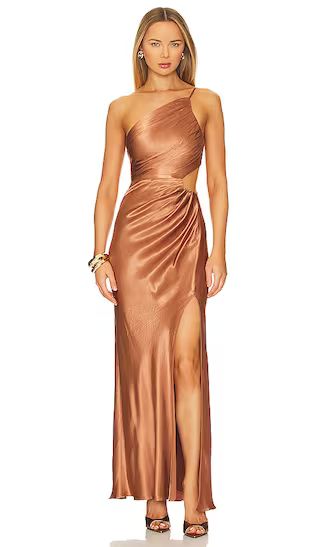 La Lune Asymmetrical Gathered Maxi Dress in Almond | Revolve Clothing (Global)