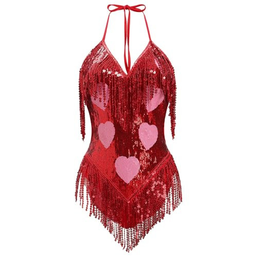 IMEKIS Pink Heart Bodysuit for Women: Valentines Day Outfit Photoshoot Rave Outfits Fringe Sparkle Party Music Festival Alien Space Cowgirl Adults Sexy Concert Red Heart Small | Amazon (US)