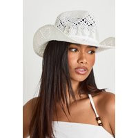 Beaded Bride Straw Western Cowboy Hat, white | PrettyLittleThing US