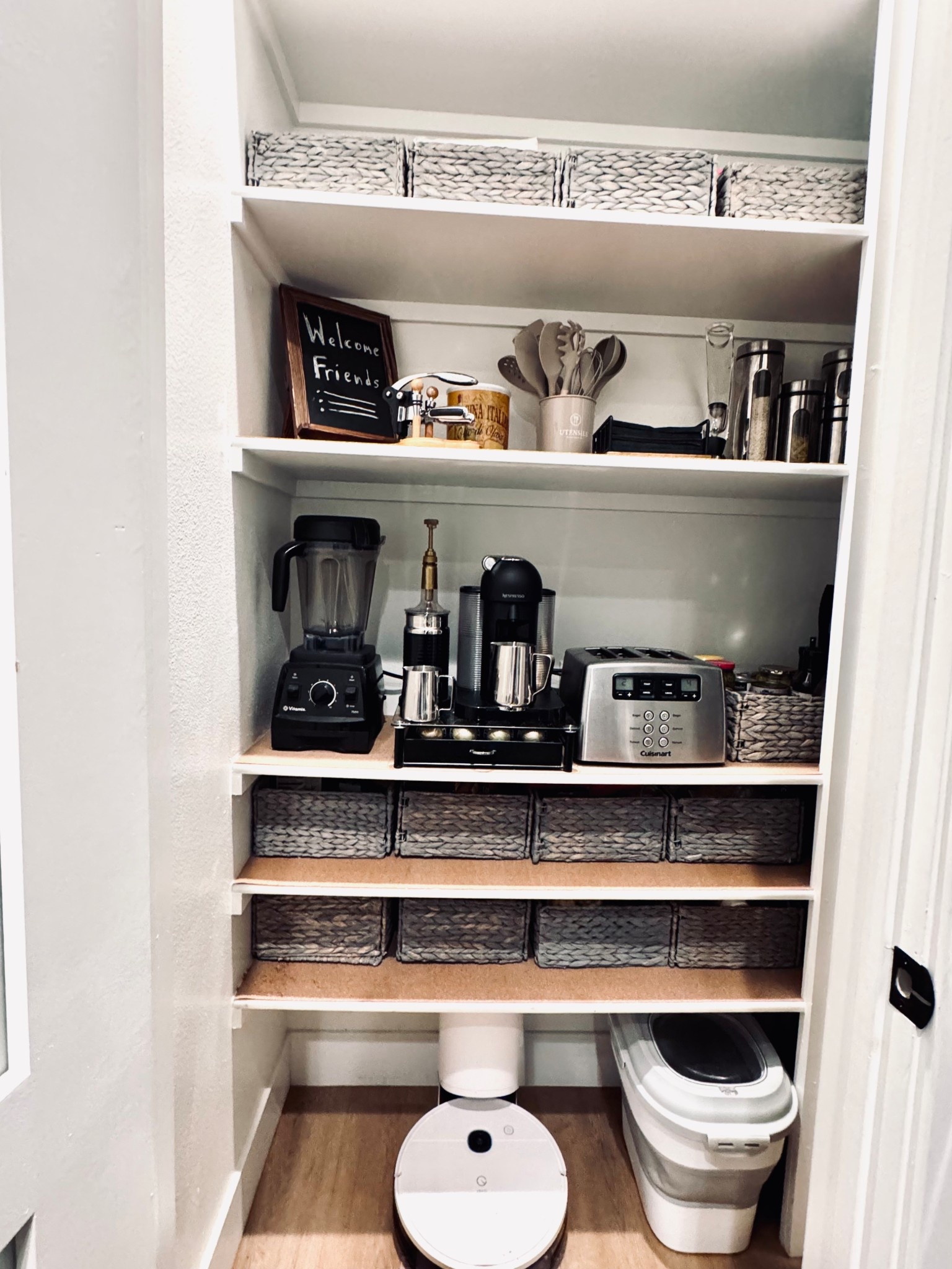 Pantry organization ☑️ hidden electrical | baskets | pet food container | robot sweeper | blender | cooking utensils | coffee maker | toaster 

#LTKselfcare #LTKHome #LTKfoodie