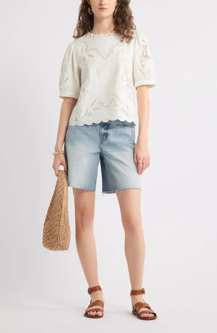 Treasure & Bond Embroidered Cutwork Puff Sleeve Linen Blend Top | Nordstrom | Nordstrom