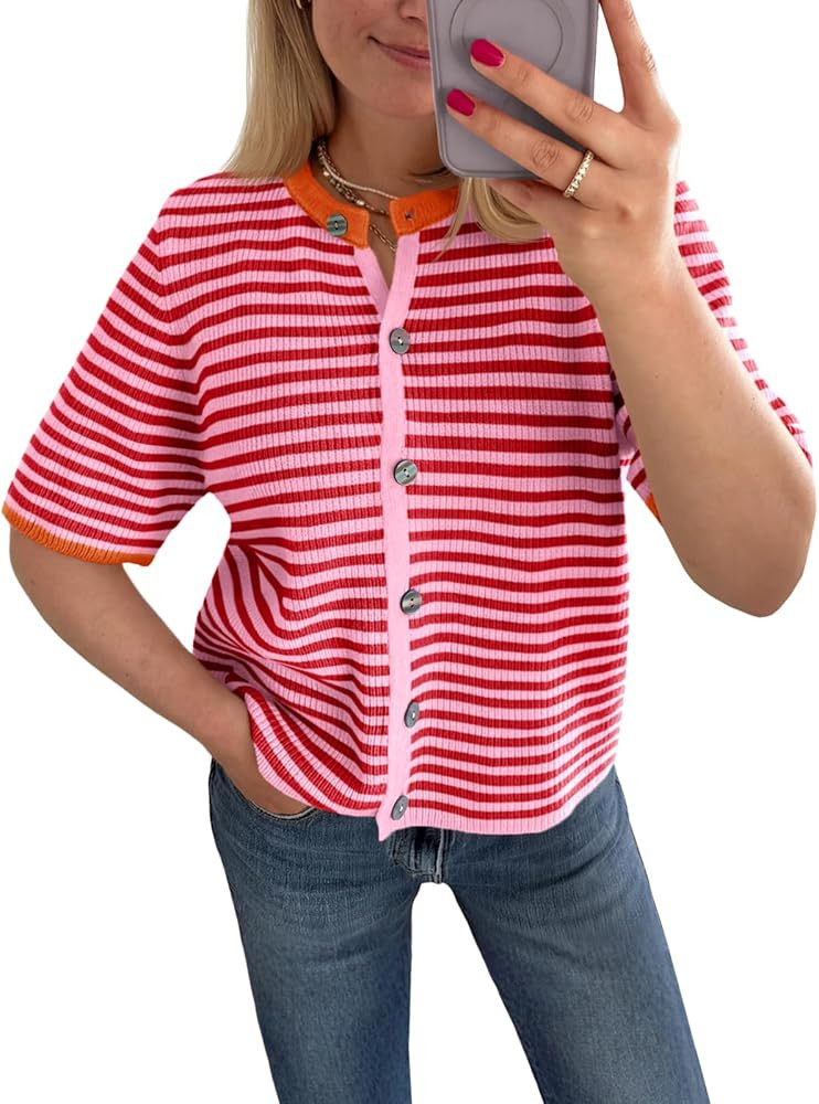 Saodimallsu Womens Short Sleeve Cardigans Lightweight Striped Button Down Crew Neck Spring Summer... | Amazon (US)