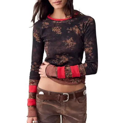 Free People Easy Does It Floral Rib Stretch Cotton Top in Wine Combo at Nordstrom, Size Large | Nordstrom