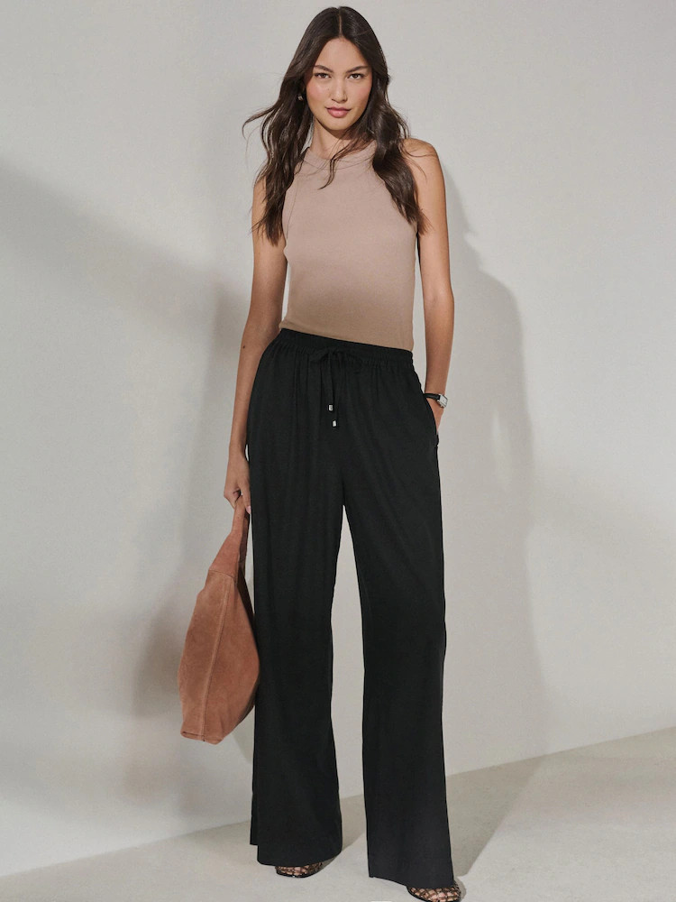 Black Pull On Wide Leg Trousers With Linen | Next US