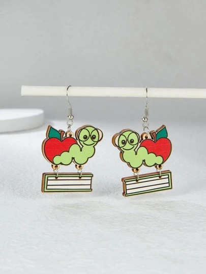 1pair Fashionable Wooden Printed Caterpillar, Apple, Pencil, Book Pendant Earrings For Back To Sc... | SHEIN