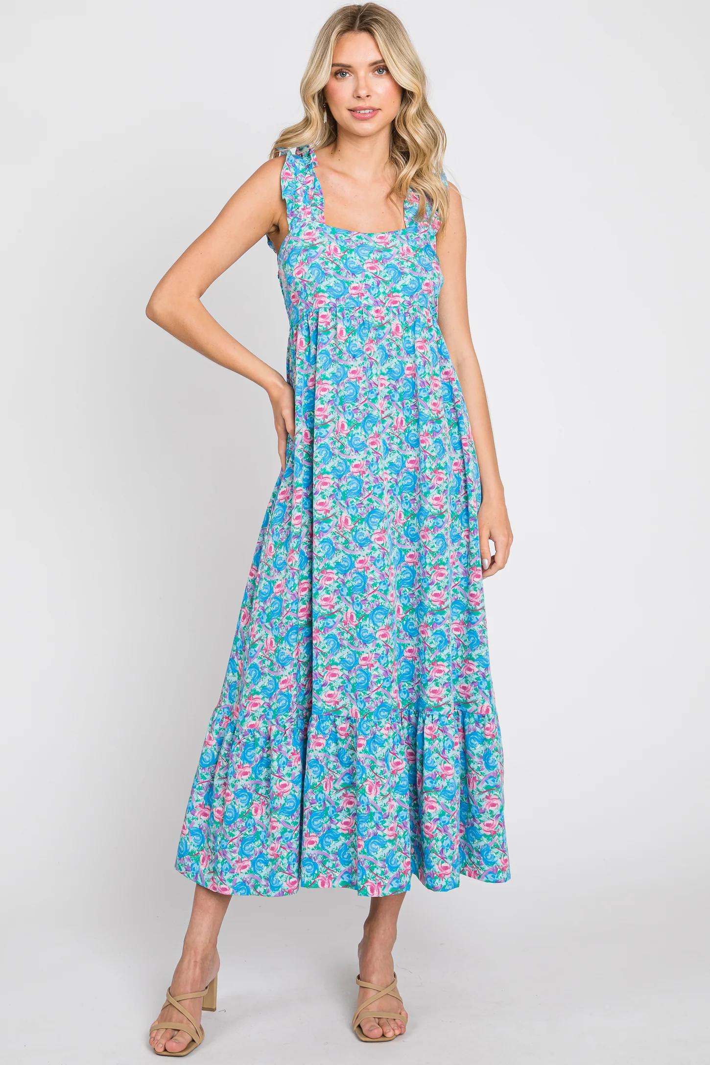 Light Blue Floral Square Neck Ruffle Strap Maxi Dress | PinkBlush Maternity