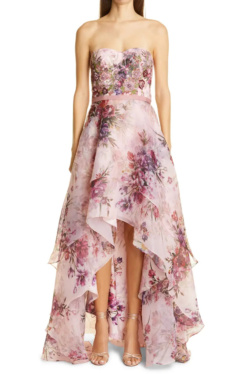 Strapless Floral Organza High/Low Gown | Nordstrom