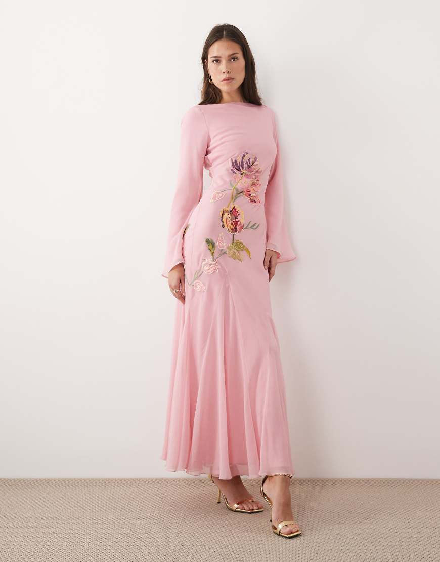 ASOS DESIGN embroidery & embellished maxi dress with godets and long sleeves in pink | ASOS (Global)
