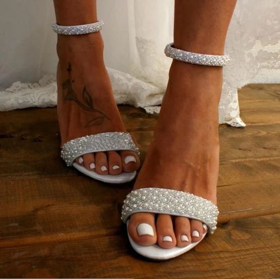 Block heel wedding white leather sandal/ Handmade white leather heels/ Bridal shoes/ Pearl weddin... | Etsy (CAD)