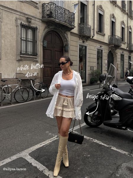 Neutral outfit, outfit inspo, mini skirt, white button down, neutral style, fall outfit 

#LTKshoecrush #LTKSeasonal #LTKstyletip