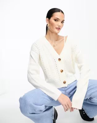 Vila button through cable knit cardigan in cream | ASOS (Global)