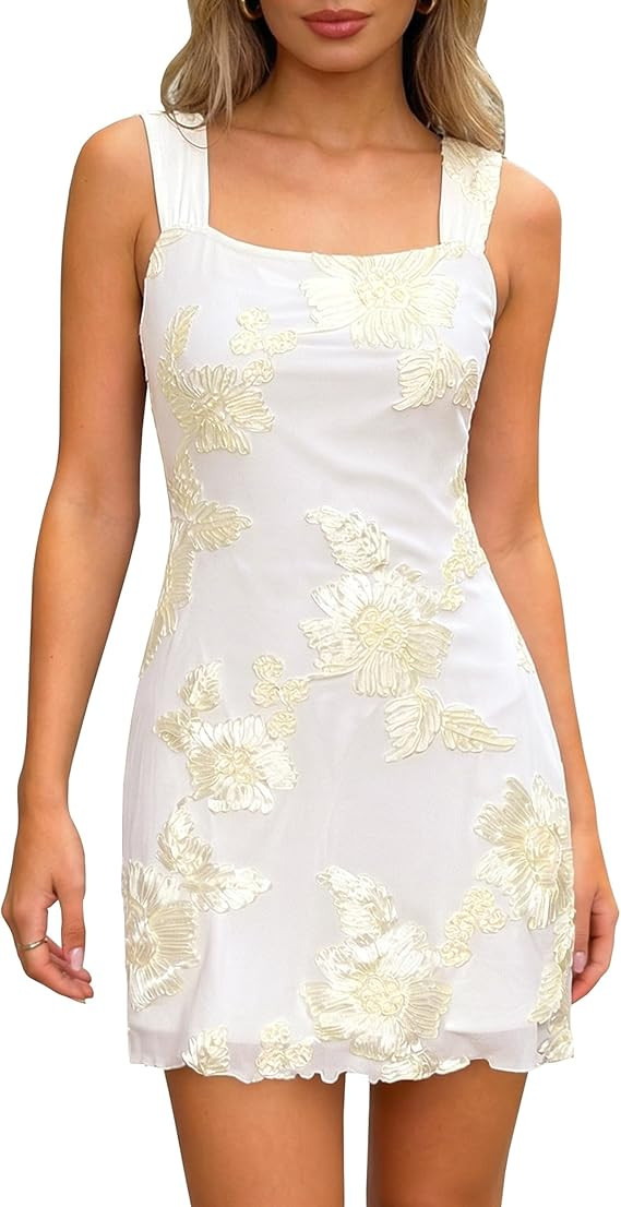Women's Embroidered Floral Mini Dress Summer 2026 Sleeveless Square Neck Mesh Short Dresses Cockt... | Amazon (US)