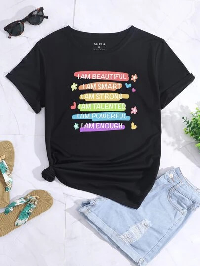 SHEIN LUNE Floral & Slogan Graphic Tee | SHEIN