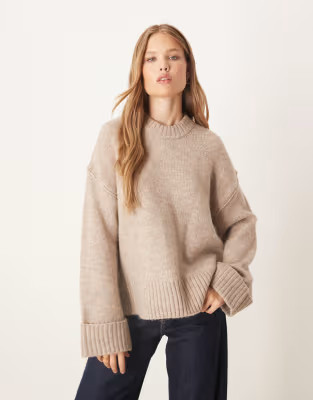 Gina Tricot relaxed crew neck folded sleeve knitted sweater in beige | ASOS (Global)